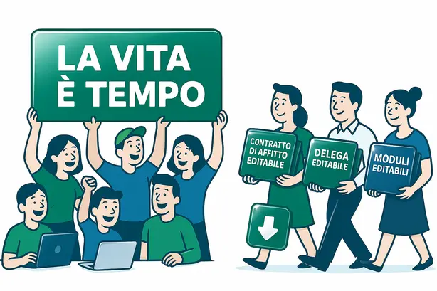 Persone con cartelline fiscali editabili e cartello con la scritta La vita è tempo