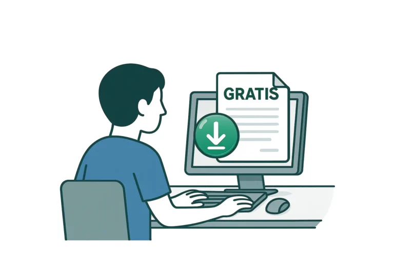 Persona al computer che scarica un documento fiscale con la scritta Gratis dal portale CAF Uno