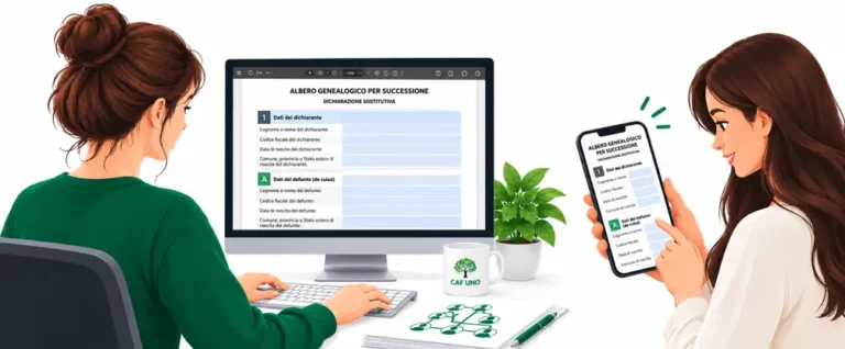 Due donne compilano un PDF editabile per l'albero genealogico della successione, una da computer e l'altra da smartphone.