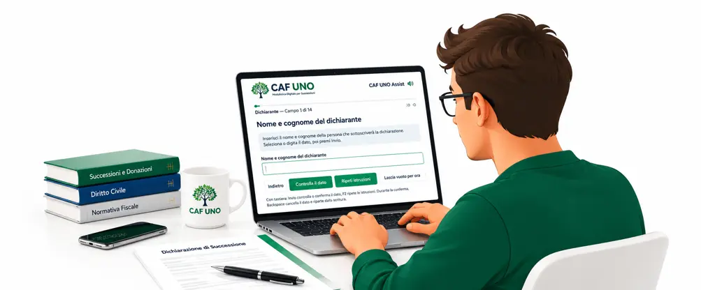 Uomo con maglia verde che utilizza CAF UNO Assist su un computer portatile per compilare un modello digitale, con documenti e libri sulla scrivania.