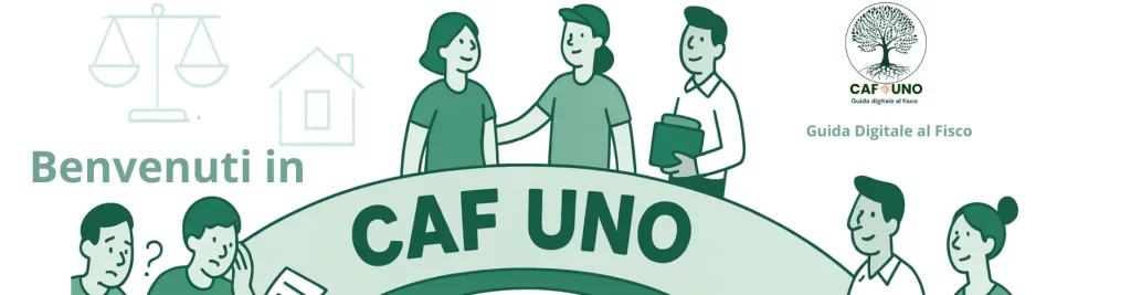 Illustrazione accogliente con cittadini e consulenti fiscali - Benvenuti in CAF UNO, guida digitale al fisco.